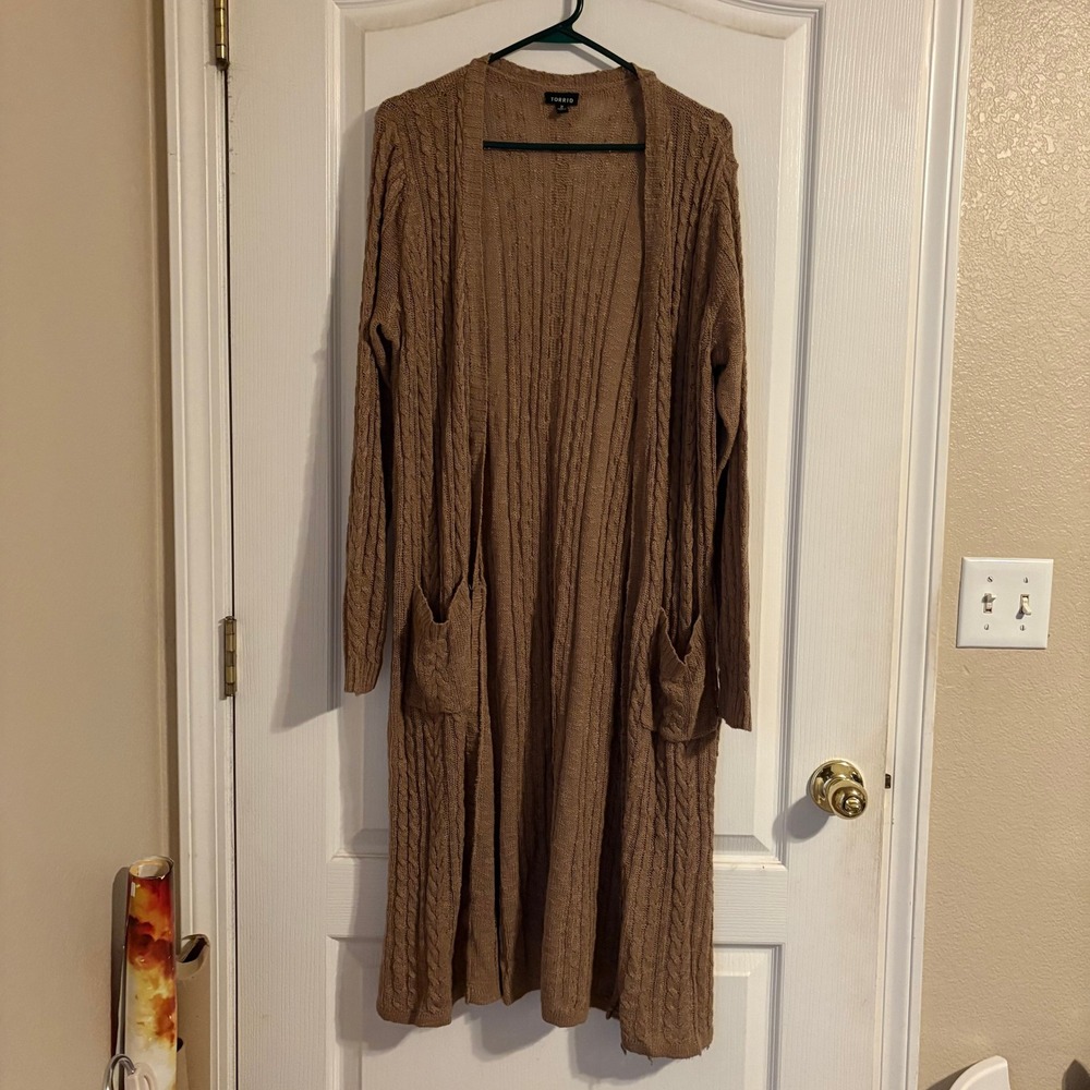 Torrid Womens Brown Cable Knit Duster Cardigan Open Front Long Sweater‎ Size 2